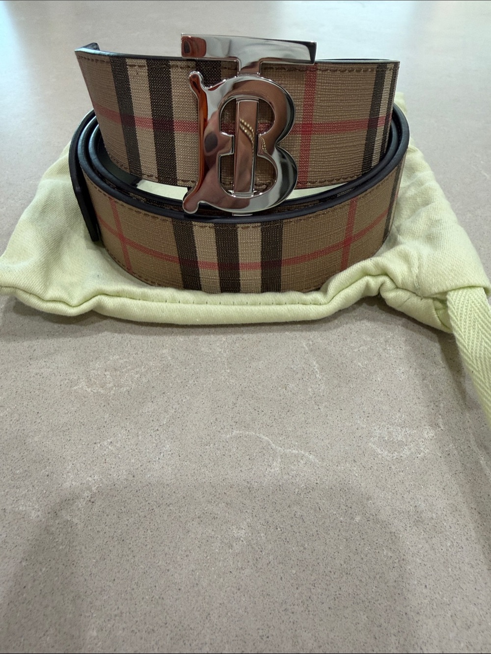 Burberry Tan Nova Check Belt with Silver 'B' Buckle